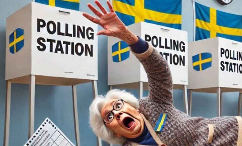 en aldre dam skrackslaget faller bakat med en valsedel i handen pavag mot vallokalen med svenska flaggor vid ingangen1 696x696 1