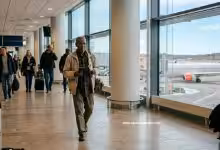 رجل في مطار سويدي يستعد للمغادرة بعد الحصول على تعويض العودة الطوعية Återvandringsbidrag.