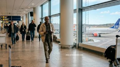 رجل في مطار سويدي يستعد للمغادرة بعد الحصول على تعويض العودة الطوعية Återvandringsbidrag.